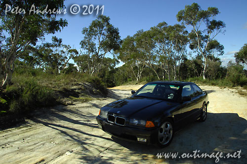 The car used for this road trip, a 1994 BMW 318is, seen here on a side track in the Blue Mountains, NSW Australia. Stopped here to get photos of Mt Banks and the Grose Valley, from the Bells Line of Road. Photo copyright Peter Andrews, Outimage Australia.