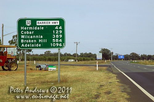 Distances from Nyngan, NSW Australia with a bit of humour thrown in. The extra 100 metres to Adelaide is not going to make much of a difference to the the long drive ahead, as seen in the following photographs. Photo copyright Peter Andrews, Outimage Australia.