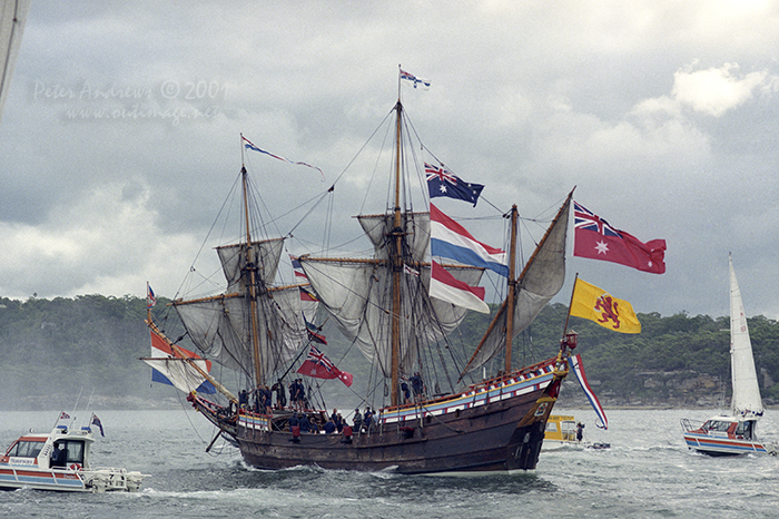 Duyfken under full sail, banners and flags approaches Sydney's sails of the Opera House, Saturday, March 3, 2001.