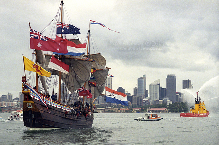 Duyfken under full sail, banners and flags on Sydney Harbour, Saturday, March 3, 2001, Saturday, March 3, 2001.