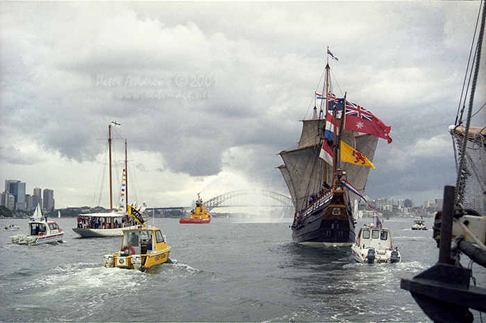 Duyfken under full sail, banners and flags on Sydney Harbour, Saturday, March 3, 2001, Saturday, March 3, 2001.