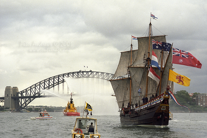 Duyfken under full sail, banners and flags on Sydney Harbour, Saturday, March 3, 2001, Saturday, March 3, 2001