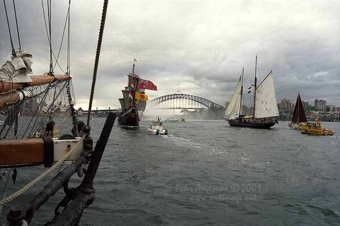 Duyfken Seen from the bow of the Tasmanian tallship Windeward Bound on Sydney Harbour, Saturday March 3, 2001.