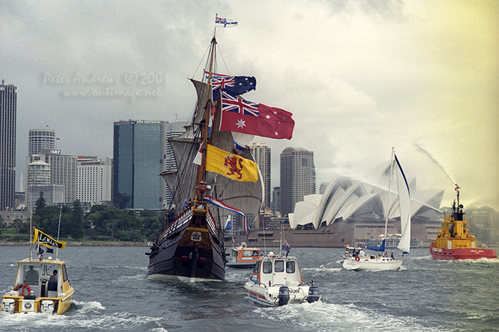 Duyfken under full sail, banners and flags approaches Sydney's sails of the Opera House, Saturday, March 3, 2001.