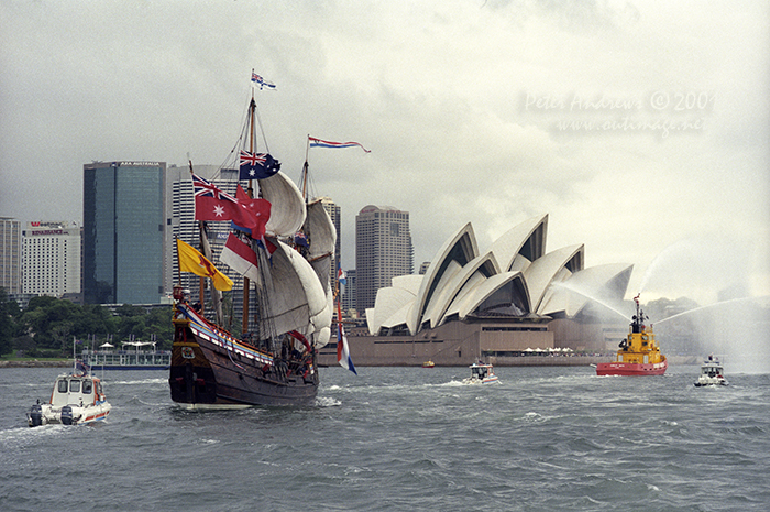 Duyfken under full sail, banners and flags approaches Sydney's sails of the Opera House, Saturday, March 3, 2001.