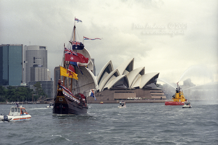 Duyfken under full sail, banners and flags approaches Sydney's sails of the Opera House, Saturday, March 3, 2001.