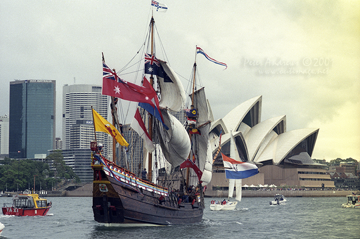 Duyfken under full sail, banners and flags approaches Sydney's sails of the Opera House, Saturday, March 3, 2001.