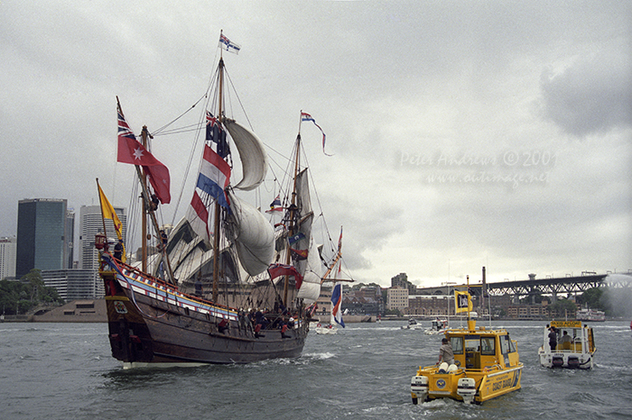 Duyfken sailing towards the Sydney Harbour Bridge, Saturday March 3, 2001.