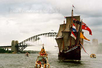 Duyfken sailing towards the Sydney Harbour Bridge, Saturday March 3, 2001.