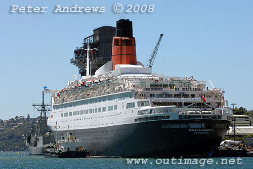 Queen Elizabeth II moored at Garden Island Naval Dockyard in Woolloomooloo Bay.