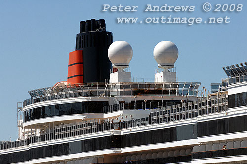 Close up of the upper deck area of the Queen Victoria at Circular Quay Sydney.