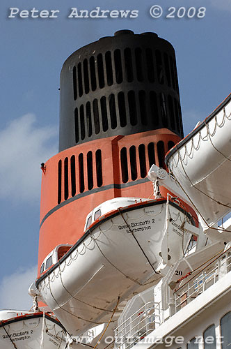 The funnel of the Queen Elizabeth 2 at the Overseas Passenger Terminal, Circular Quay.