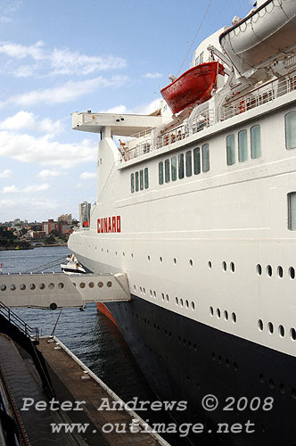 Looking towards the bow of the Queen Elizabeth 2 from the observation deck of the Overseas Passenger Terminal, Circular Quay Sydney.