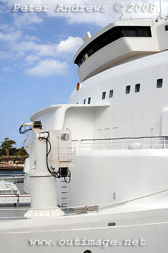 Looking up to the bridge of the Queen Elizabeth 2 from the observation deck of the Overseas Passenger Terminal, Circular Quay Sydney.