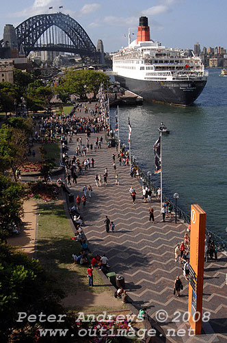 Queen Elizabeth 2 at the Overseas Passenger Terminal, Circular Quay Sydney with the Sydney Harbour Bridge in the background.