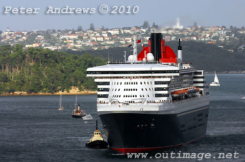 The Queen Mary II arives in Sydney during its second visit to Australia, Sunday March 7, 2010. Photo copyright Peter Andrews, Outimage.