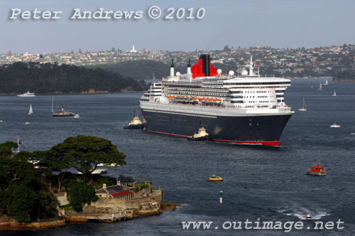 The Queen Mary II arives in Sydney during its second visit to Australia, Sunday March 7, 2010. Photo copyright Peter Andrews, Outimage.