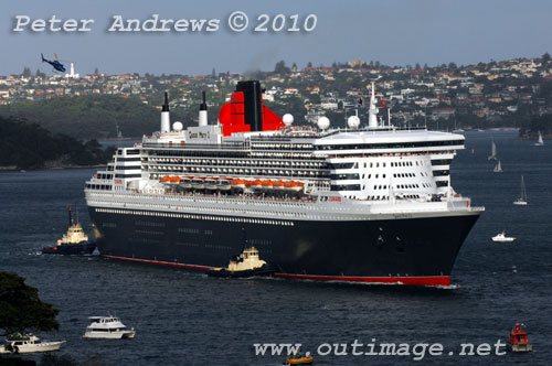 The Queen Mary II arives in Sydney during its second visit to Australia, Sunday March 7, 2010. Photo copyright Peter Andrews, Outimage.