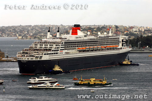 The Queen Mary II arives in Sydney during its second visit to Australia, Sunday March 7, 2010. Photo copyright Peter Andrews, Outimage.