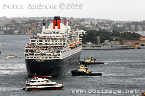 The Queen Mary II arives in Sydney during its second visit to Australia, Sunday March 7, 2010. Photo copyright Peter Andrews, Outimage.