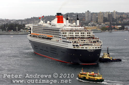 The Queen Mary II arives in Sydney during its second visit to Australia, Sunday March 7, 2010. Photo copyright Peter Andrews, Outimage.