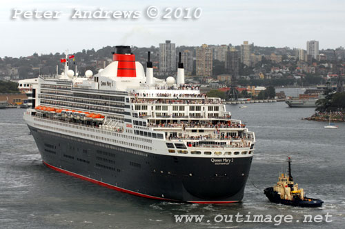 The Queen Mary II arives in Sydney during its second visit to Australia, Sunday March 7, 2010. Photo copyright Peter Andrews, Outimage.