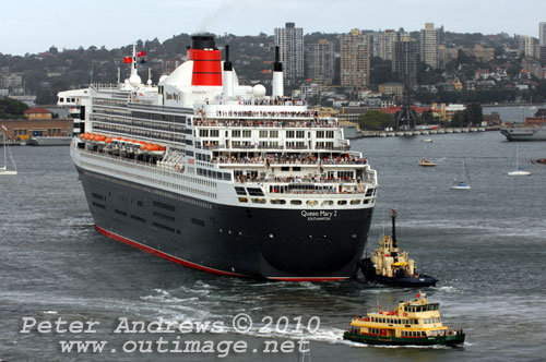 The Queen Mary II arives in Sydney during its second visit to Australia, Sunday March 7, 2010. Photo copyright Peter Andrews, Outimage.