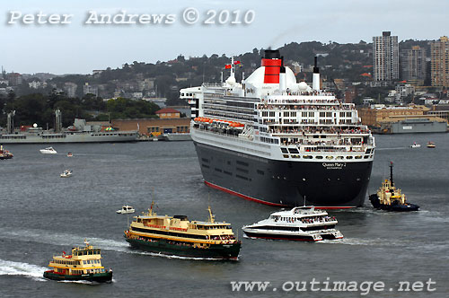 The Queen Mary II arives in Sydney during its second visit to Australia, Sunday March 7, 2010. Photo copyright Peter Andrews, Outimage.