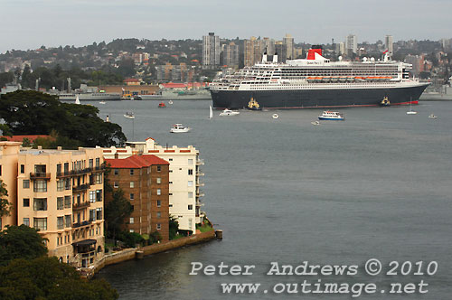 The Queen Mary II arives in Sydney during its second visit to Australia, Sunday March 7, 2010. Photo copyright Peter Andrews, Outimage.