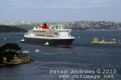 The Queen Mary II arives in Sydney during its second visit to Australia, Sunday March 7, 2010. Photo copyright Peter Andrews, Outimage.