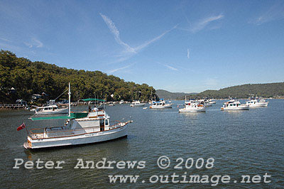 Kincardine, a 1974 36 Heritage EU with the Grand Banks fleet and Dangar Island and the Hawkesbury River in the background.