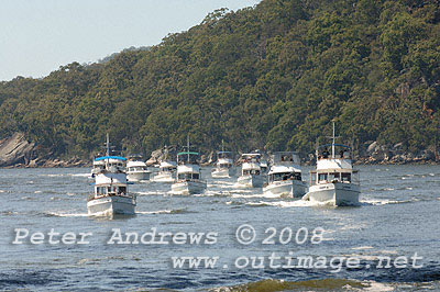 Grand Banks Rendezvous fleet motoring up the Hawkesbury River.