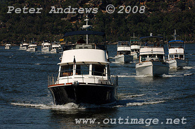 The Grand Banks Fleet led by a 47 Eastbay Flybridge on the Hawkesbury River.