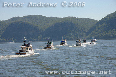 Grand Banks Rendezvous fleet motoring up the Hawkesbury River