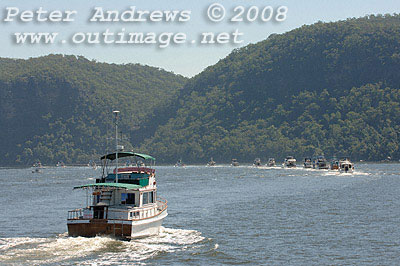 Grand Banks Rendezvous fleet motoring up the Hawkesbury River.