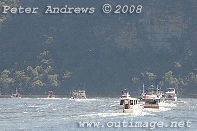 Grand Banks Rendezvous fleet motoring up the Hawkesbury River.