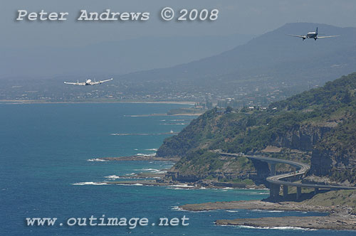 The Illawarra based Historical Aircraft Restoration Society's (HARS) Lockheed Super Constellation, Connie and Douglas C47 Dakota A65-94 flydown the coast from Bald Hill. Photo copyright Peter Andrews.