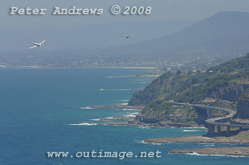 The Illawarra based Historical Aircraft Restoration Society's (HARS) Lockheed Super Constellation, Connie and Douglas C47 Dakota A65-94 flydown the coast from Bald Hill. Photo copyright Peter Andrews.