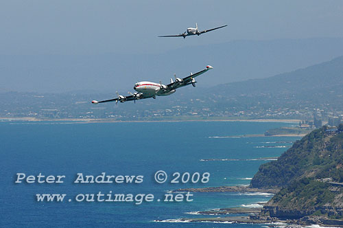 The Illawarra based Historical Aircraft Restoration Society's (HARS) Lockheed Super Constellation, Connie and Douglas C47 Dakota A65-94 approach Bald Hill. Photo copyright Peter Andrews.