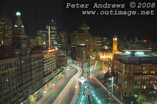 Late night traffic at Sydney's Railway Square, looking towards the Sydney CBD with Central Railway Station Clock Tower, right. Photo copyright Peter Andrews 2008, Outimage Publications.