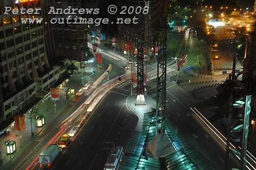 Late night traffic flowing from Broadway (bottom left) into Pitt Street (top right), at Sydney's Railway Square. Photo copyright Peter Andrews 2008, Outimage Publications.