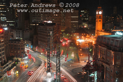 Late night traffic flowing from George Street into Broadway left and Lee Street Right at Sydney's Railway Square. Photo copyright Peter Andrews 2008, Outimage Publications.