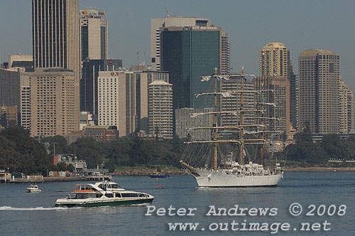 Argentine Navy's Sail Training Ship ARA Libertad, leaving Sydney Australia 2008. Copyright Peter Andrews 2008.