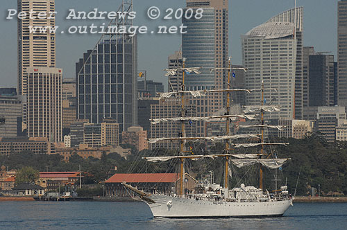 Argentine Navy's Sail Training Ship ARA Libertad, leaving Sydney Australia 2008. Copyright Peter Andrews 2008.