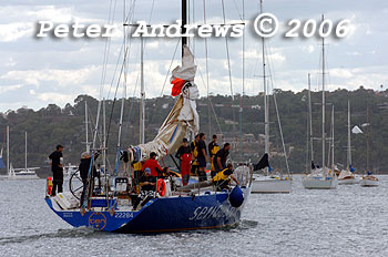 John Woodruff and Eric Robinson's Volvo 60 Seriously Ten leaving the docks of the CYCA for the 2006 Sydney to Gold Coast Yacht Race.