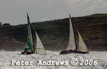 Kevin Miller's Nelson / Marek 46 Quest of Queensland and Ed Psaltis' Mod Farr 40 AFR Midnight Rambler approach the heads after the start of the 2006 Sydney to Gold Coast Yacht Race.