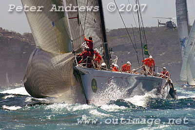 Some difficulties with a sail change on Wild Oats outside the heads after the start of the 2007 Rolex Sydney Hobart Yacht Race.