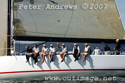 The crew out on the rail of Rosebud, happy to be making progress towards the finishing line in Hobart. Owner Roger Sturgeon second from the right.