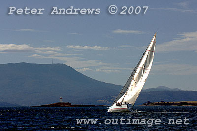 A landscale view of Rosebud approaching the mouth of the Derwent River.