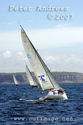 Guido Belgiorno-Nettis' Transfusion in the foreground, Lang Walker's Kokomo centre and Vincenzo Onorato's Mascalzone Latino all working up to the top mark with the distinct line of cliffs of North Head in the background